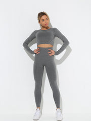 2pcs Yoga Sports Set Long Sleeve Crop Top & High Waist Leggings