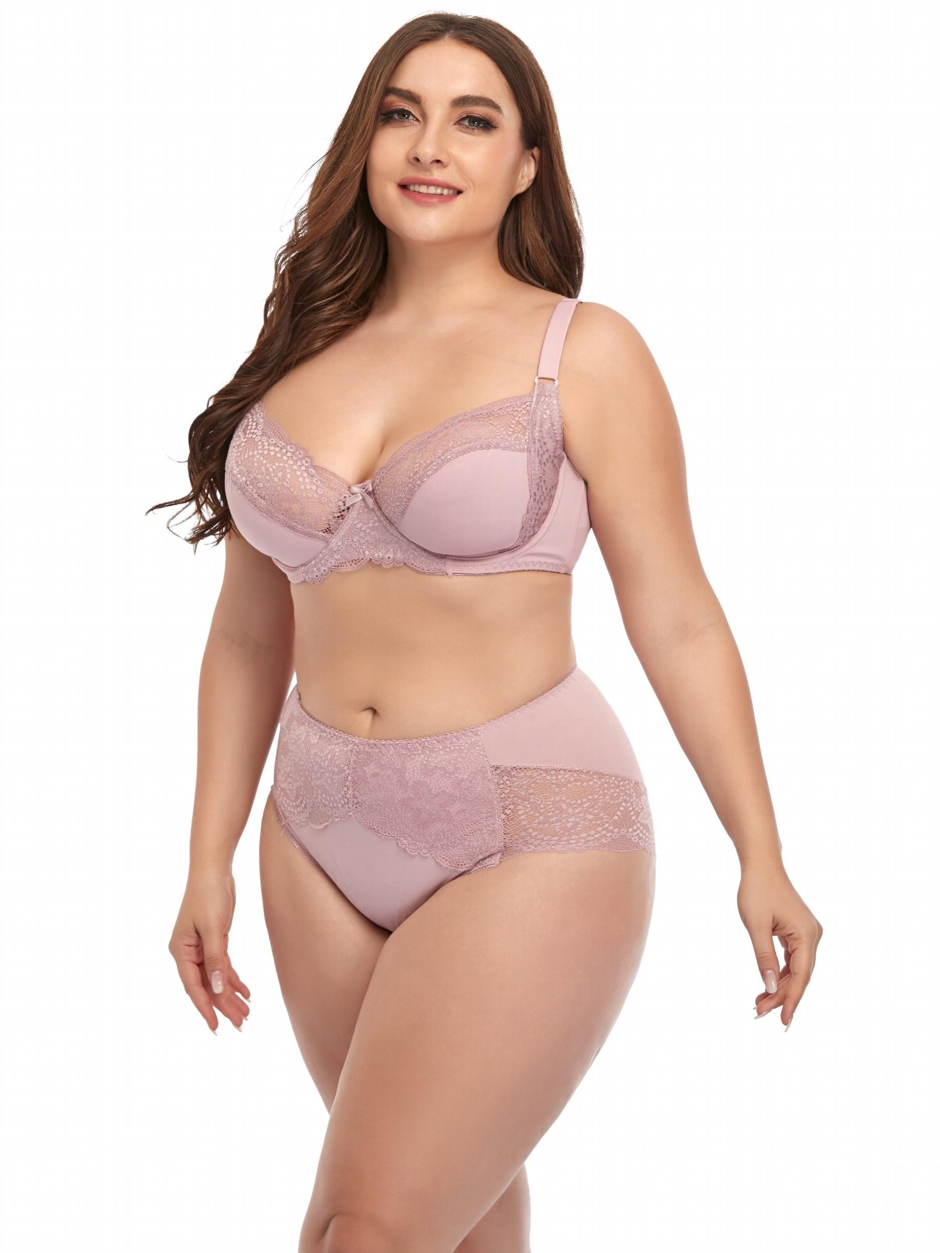 Contrast Lace Solid Lingerie Set Women's Plus Medium Stretch