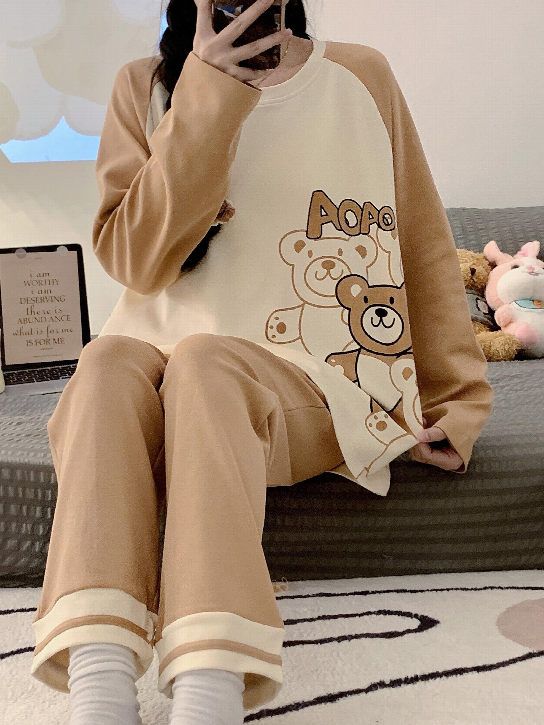Bear Print Pajama Set Long Sleeve Crew Neck Top & Pants