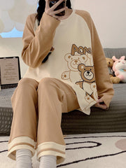 Bear Print Pajama Set Long Sleeve Crew Neck Top & Pants