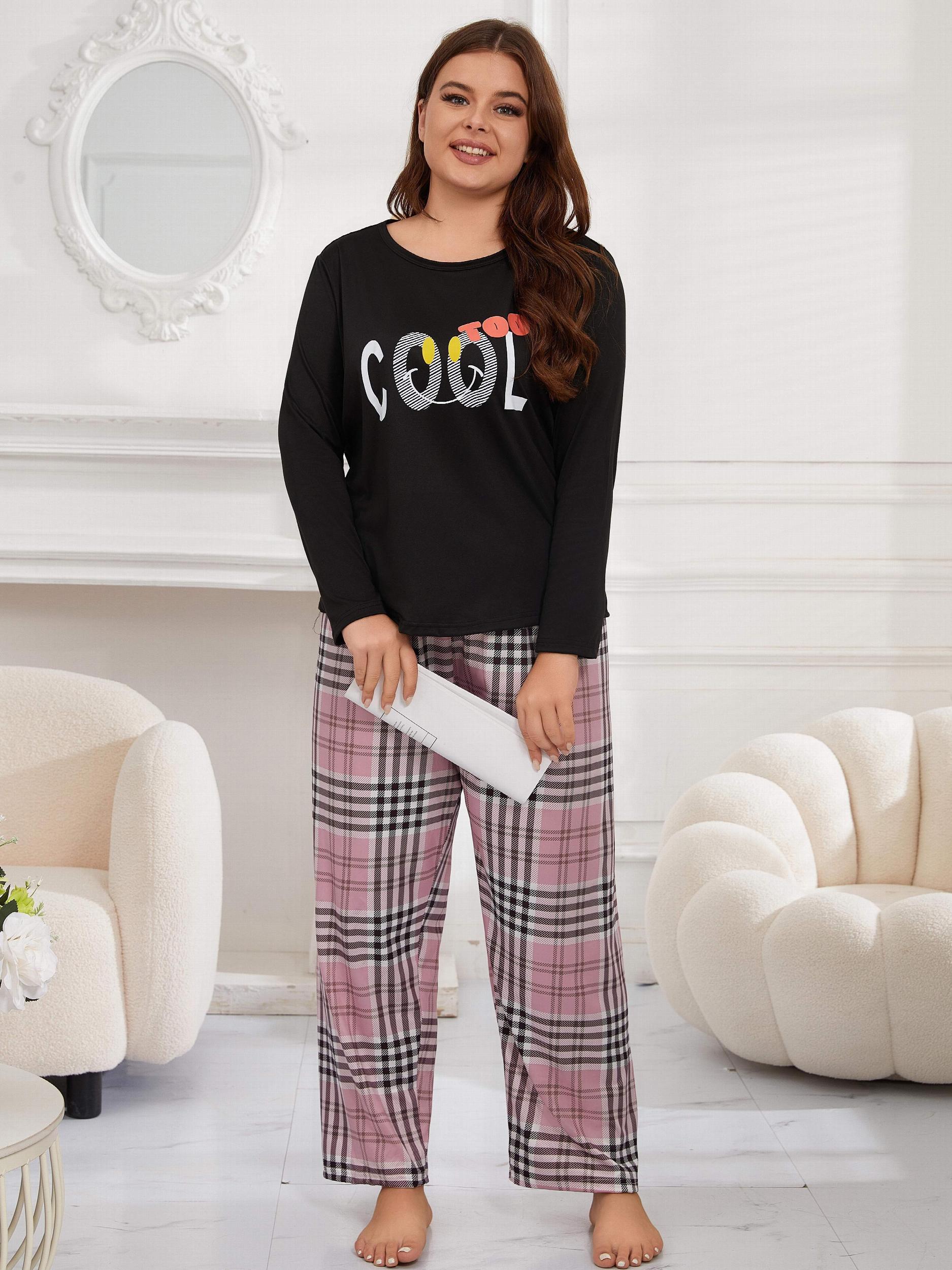Preppy Pajamas Set Women's Letter Graphic Tee & Plaid Pant