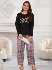 Preppy Pajamas Set Women's Letter Graphic Tee & Plaid Pant