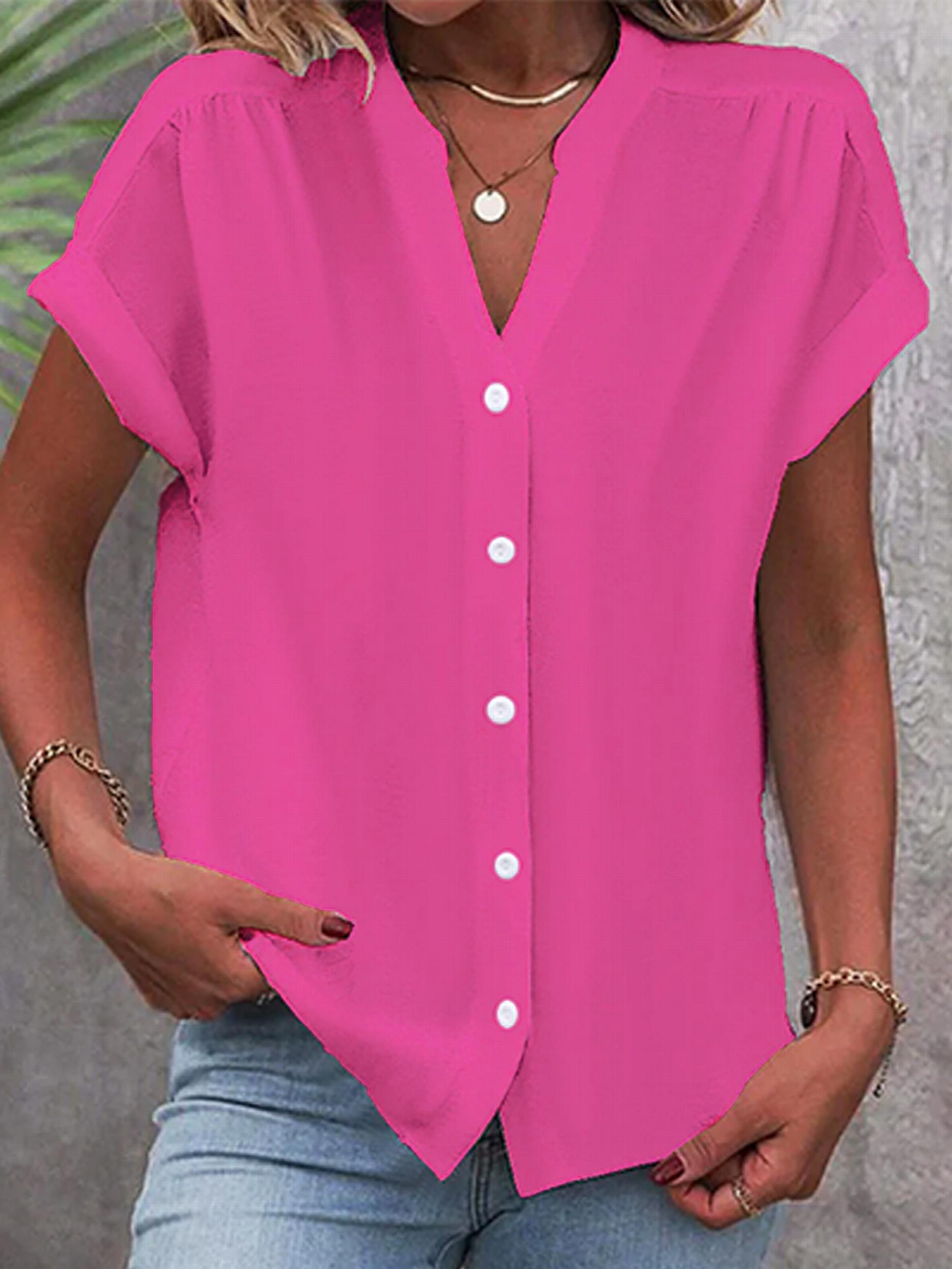 Solid Button Up Cap Sleeve Blouse