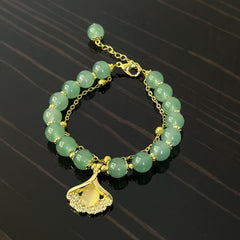 Green Jade Bracelet With Ginkgo Leaf, Perfect Gift for Her