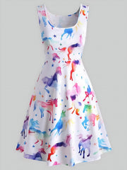 Tank Dress Ombre Horse & Star Print Round Neck A line