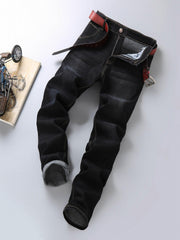 Men's Retro Slim Stretch Jeans Mid Waist Zipper Denim Pants