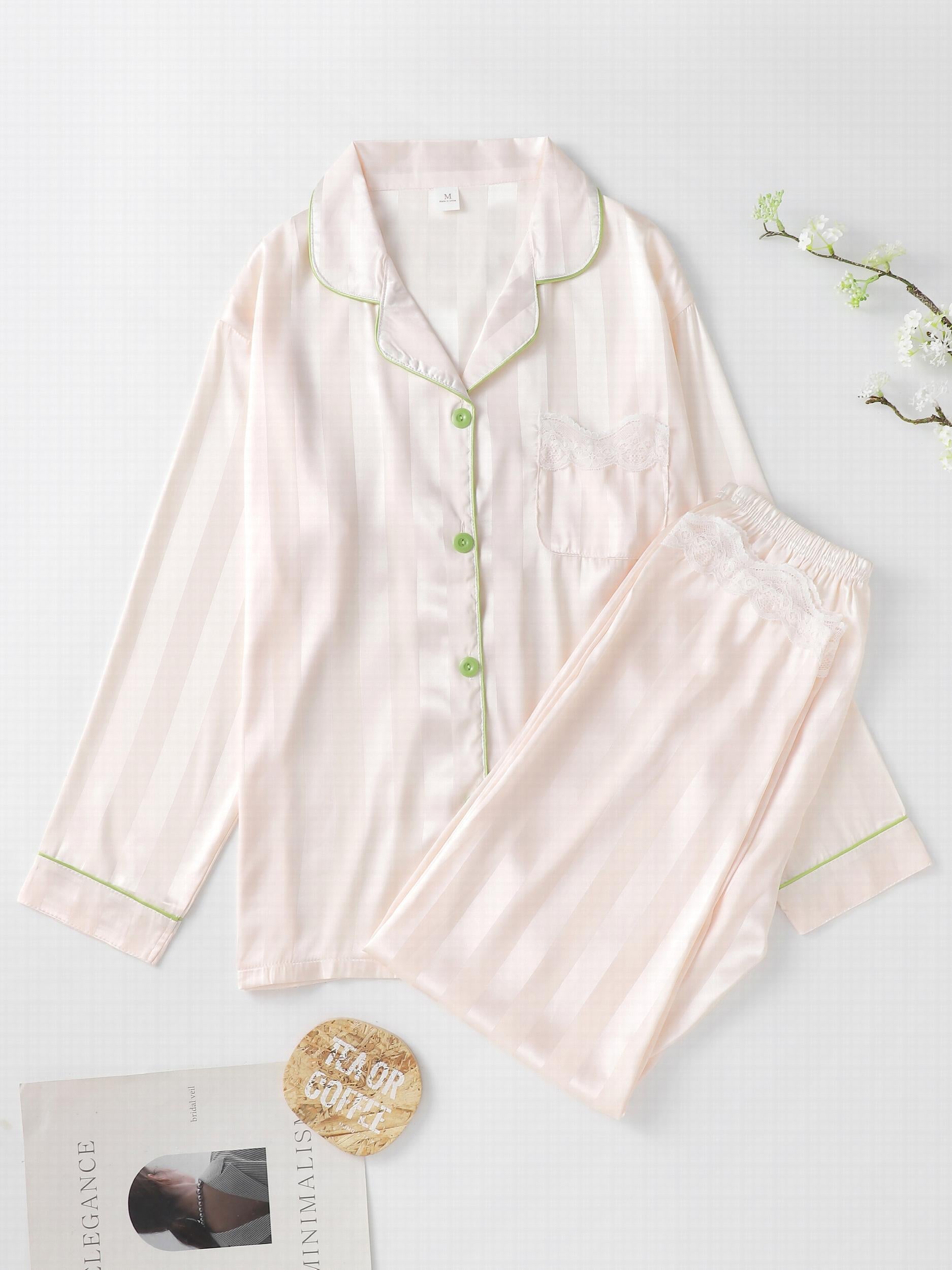 Striped Satin PJ Set Long Sleeve Top & Lace Trim Pants Sleepwear