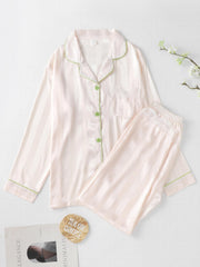 Striped Satin PJ Set Long Sleeve Top & Lace Trim Pants Sleepwear
