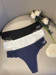 3pcs Lace Thongs Soft & Comfy Ribbed Panties Women's Lingerie