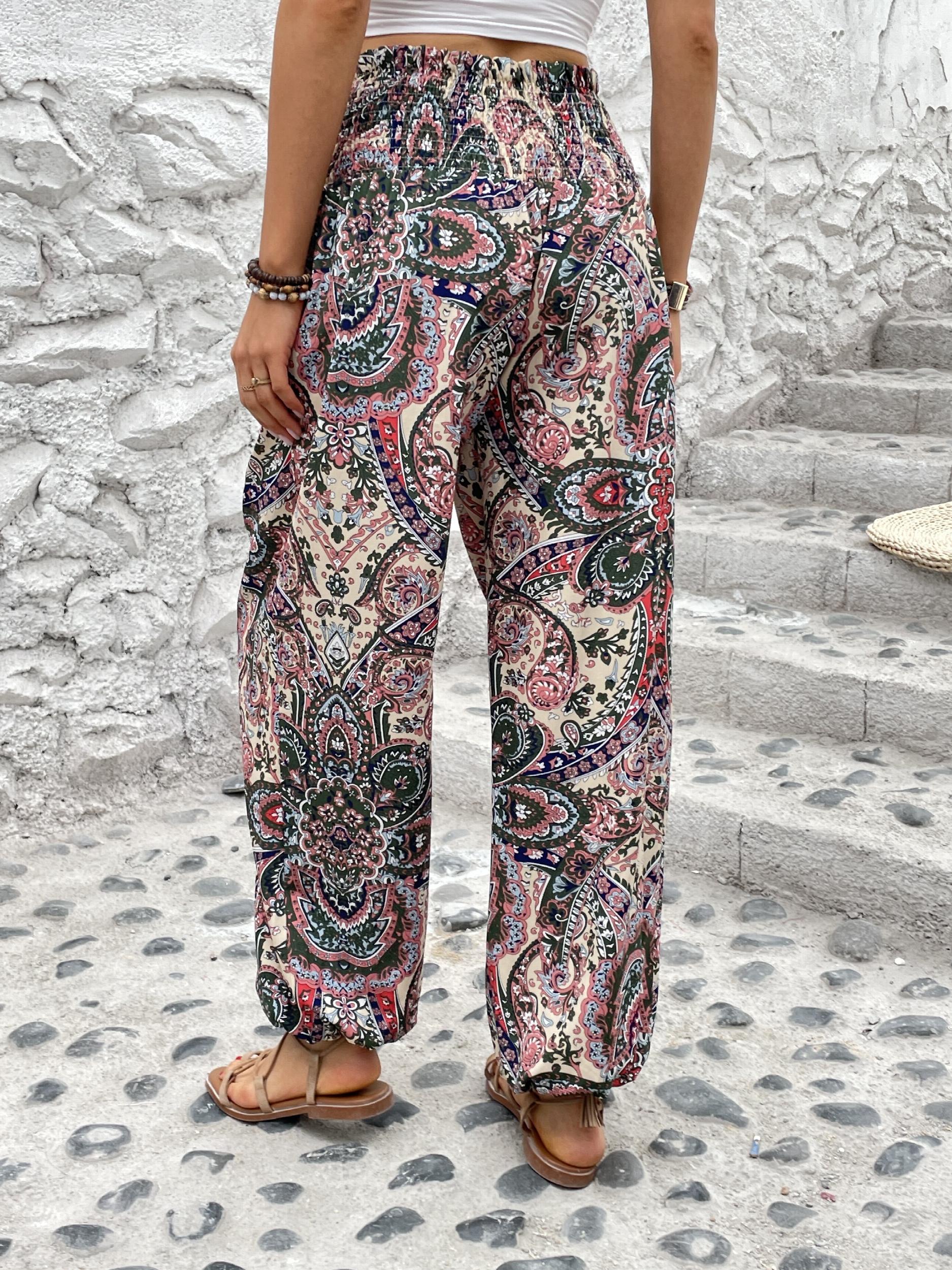 Paisley Print Smocked Waist Joggers Boho Fitted Bottom Pants
