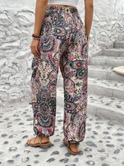 Paisley Print Smocked Waist Joggers Boho Fitted Bottom Pants
