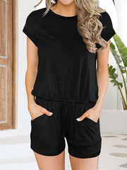 Short Sleeve Solid Romper Jumpsuit with Pockets
