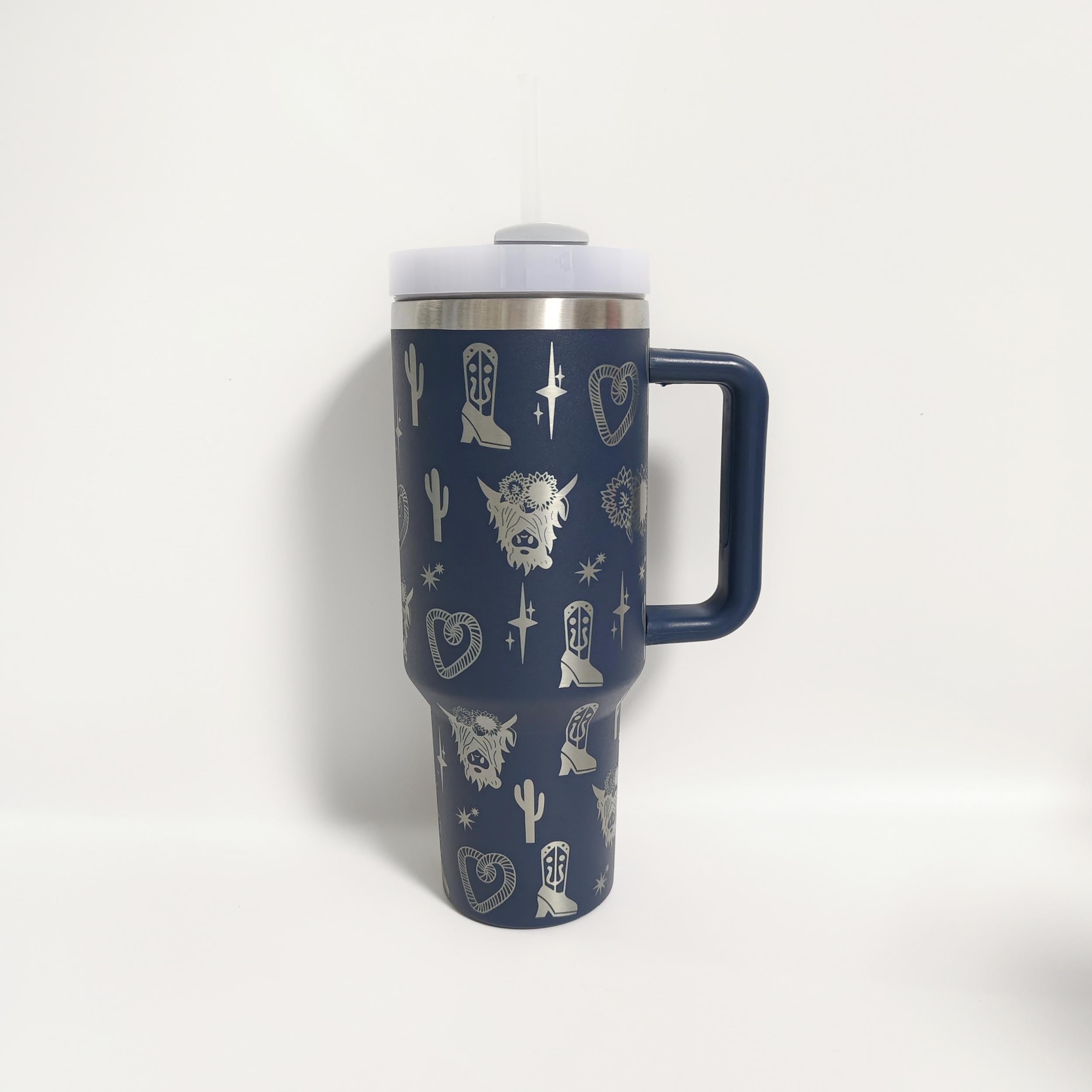 1200ml Stainless Steel Water Bottle Creative Pattern Large Capacity with Straw