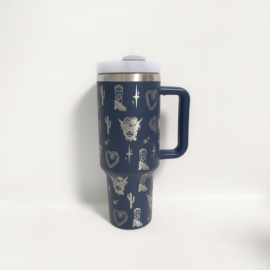 1200ml Stainless Steel Water Bottle Creative Pattern Large Capacity with Straw