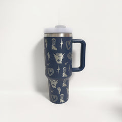 1200ml Stainless Steel Water Bottle Creative Pattern Large Capacity with Straw