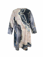 Plus Marble Print Long Sleeve Round Neck Midi Dress