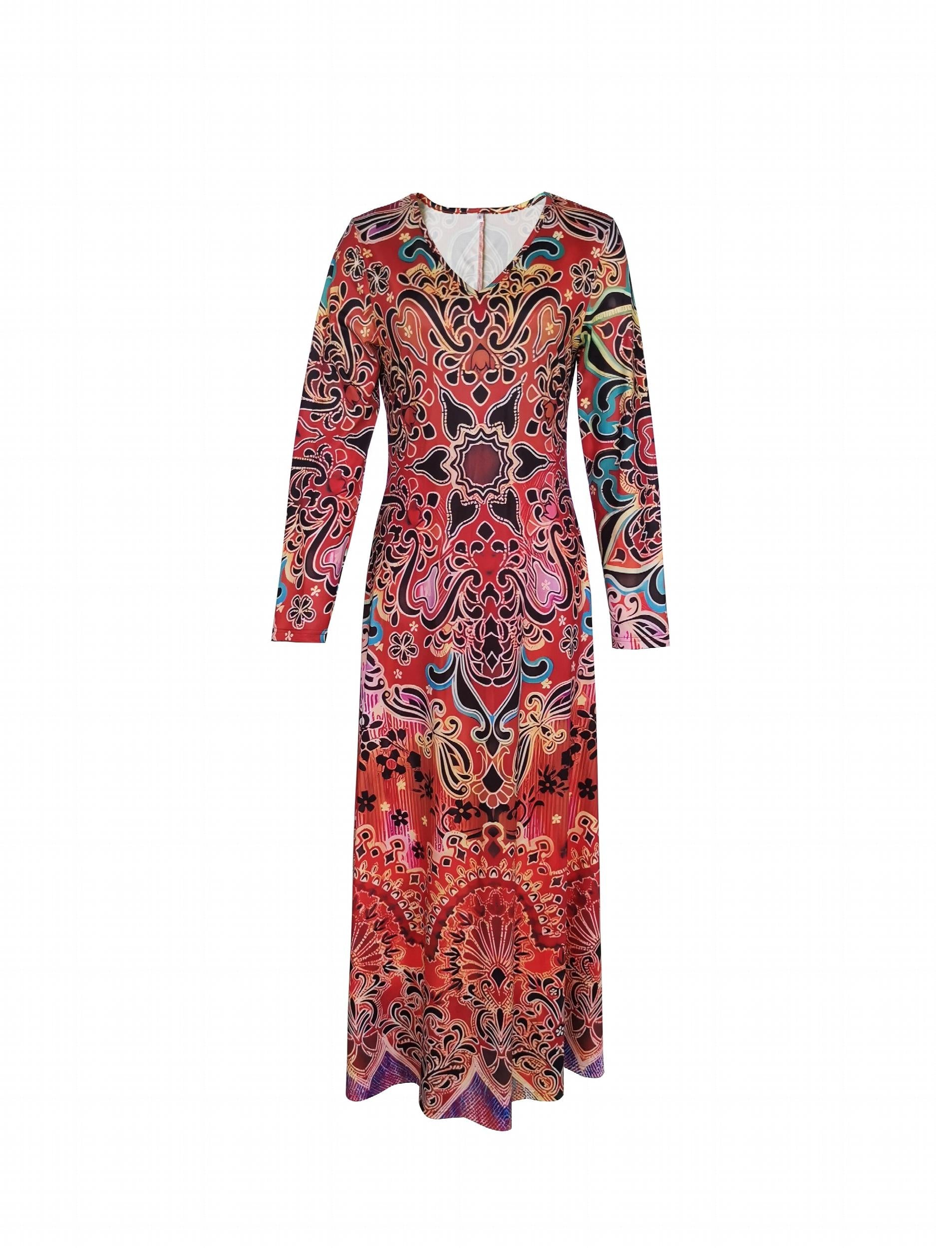 Ethnic Floral Print Dress V Neck Maxi Dress Women's Clothing