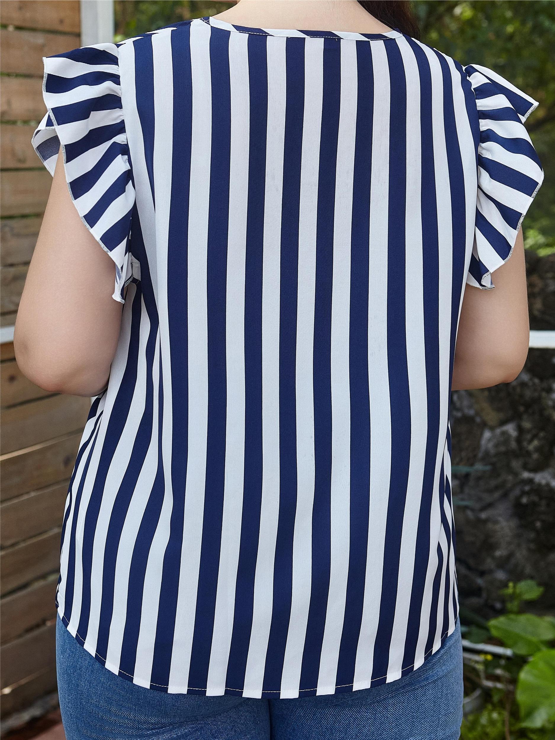 Stripe Print Cap Sleeve V Neck Blouse