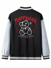 Letter Print Embroidery Varsity Jacket Men's Casual Block Button Up Jacket