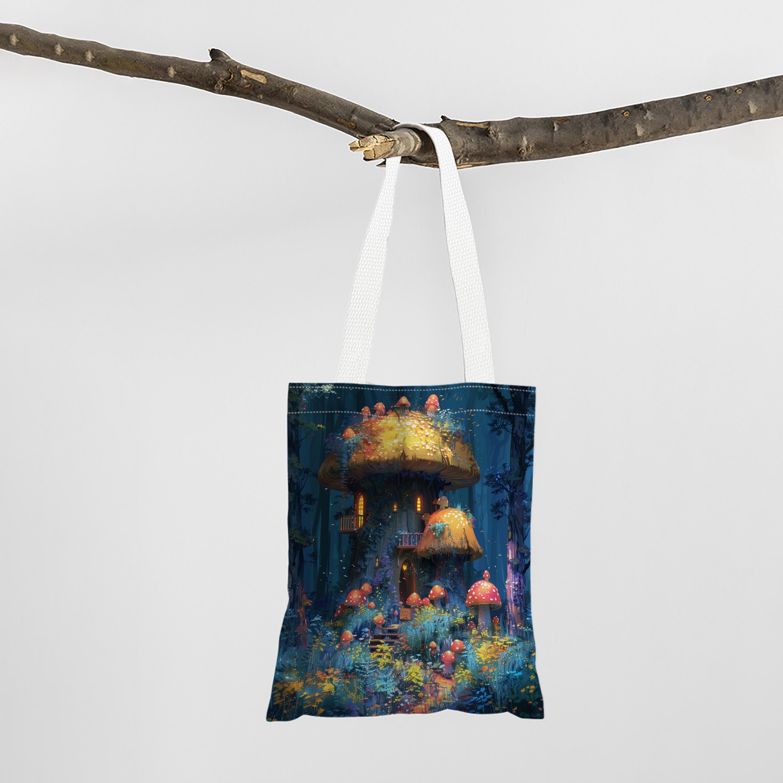 Mushroom House Pattern Tote Bag Durable Canvas Bag For Daily Commute