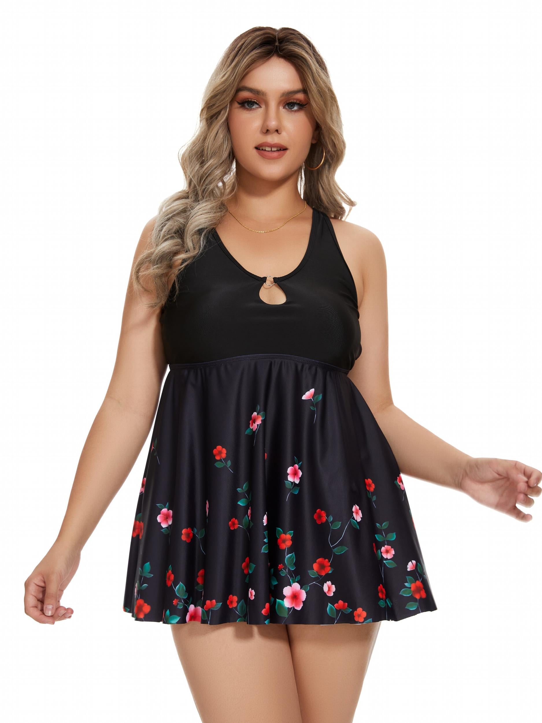 Floral Print Keyhole Ring Tankini Set Women's Plus Swimsuit