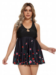 Floral Print Keyhole Ring Tankini Set Women's Plus Swimsuit