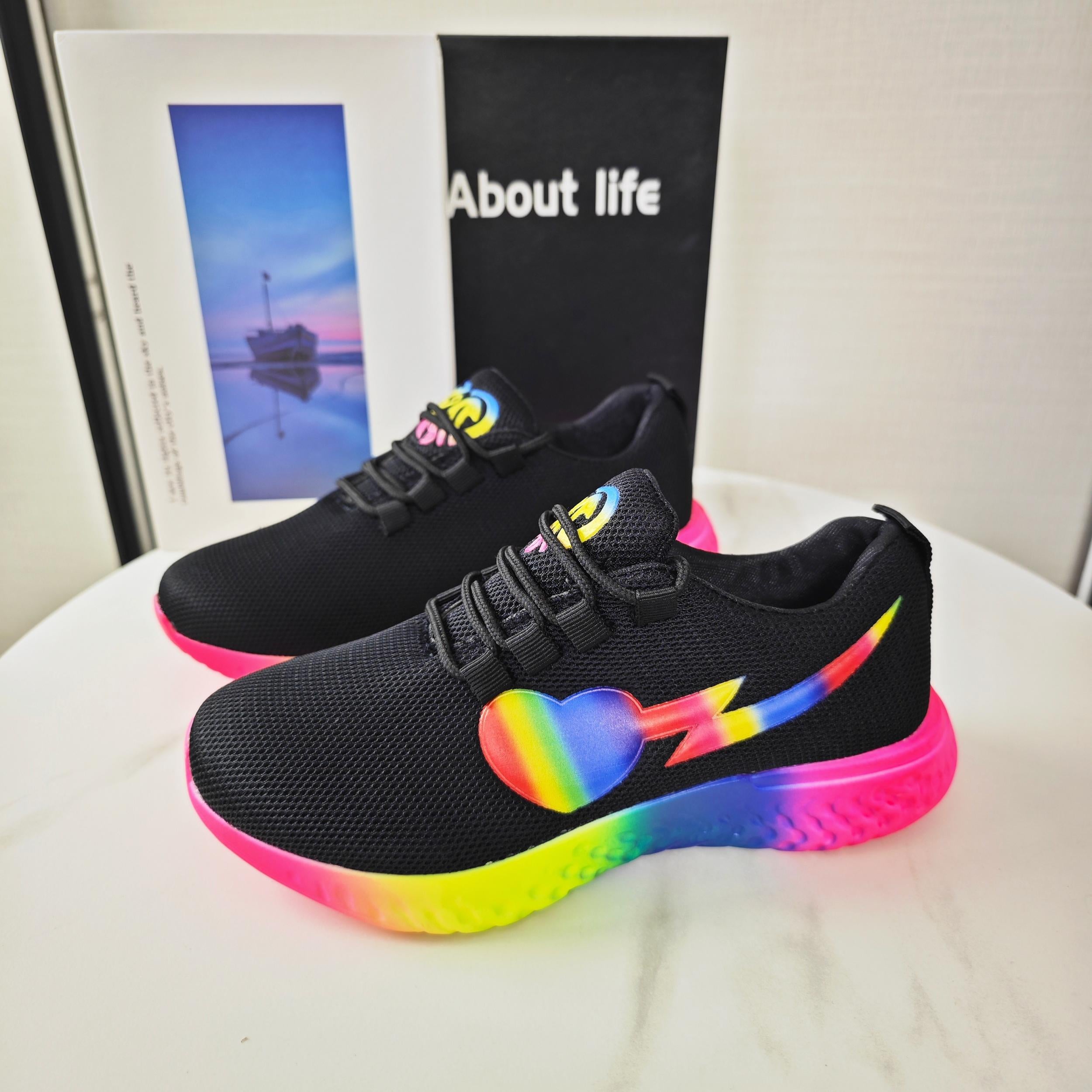 Women's Heart Rainbow Sneakers Low Top Running Trainers