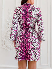Leopard Print Night Robe Long Sleeve V Neck Robe With Belt Women's Sleepwear