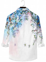 Men's Stylish 3D Print Flower & Bird Casual Long Sleeve Shirt