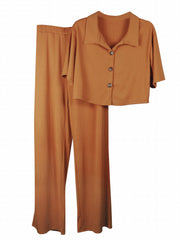Plus Ribbed Short Sleeve Button Crop Shirt & Pants Outfit