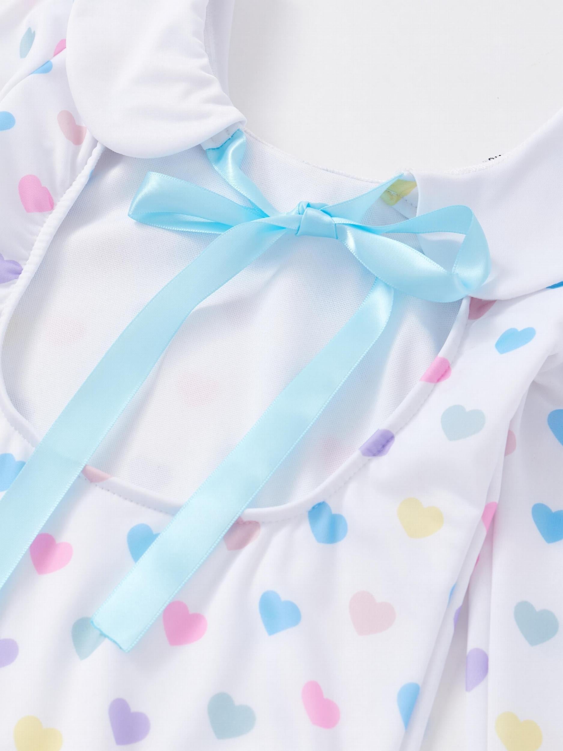 Girl's Heart Print Swimsuit Doll Collar Long Sleeve Bathing Suit