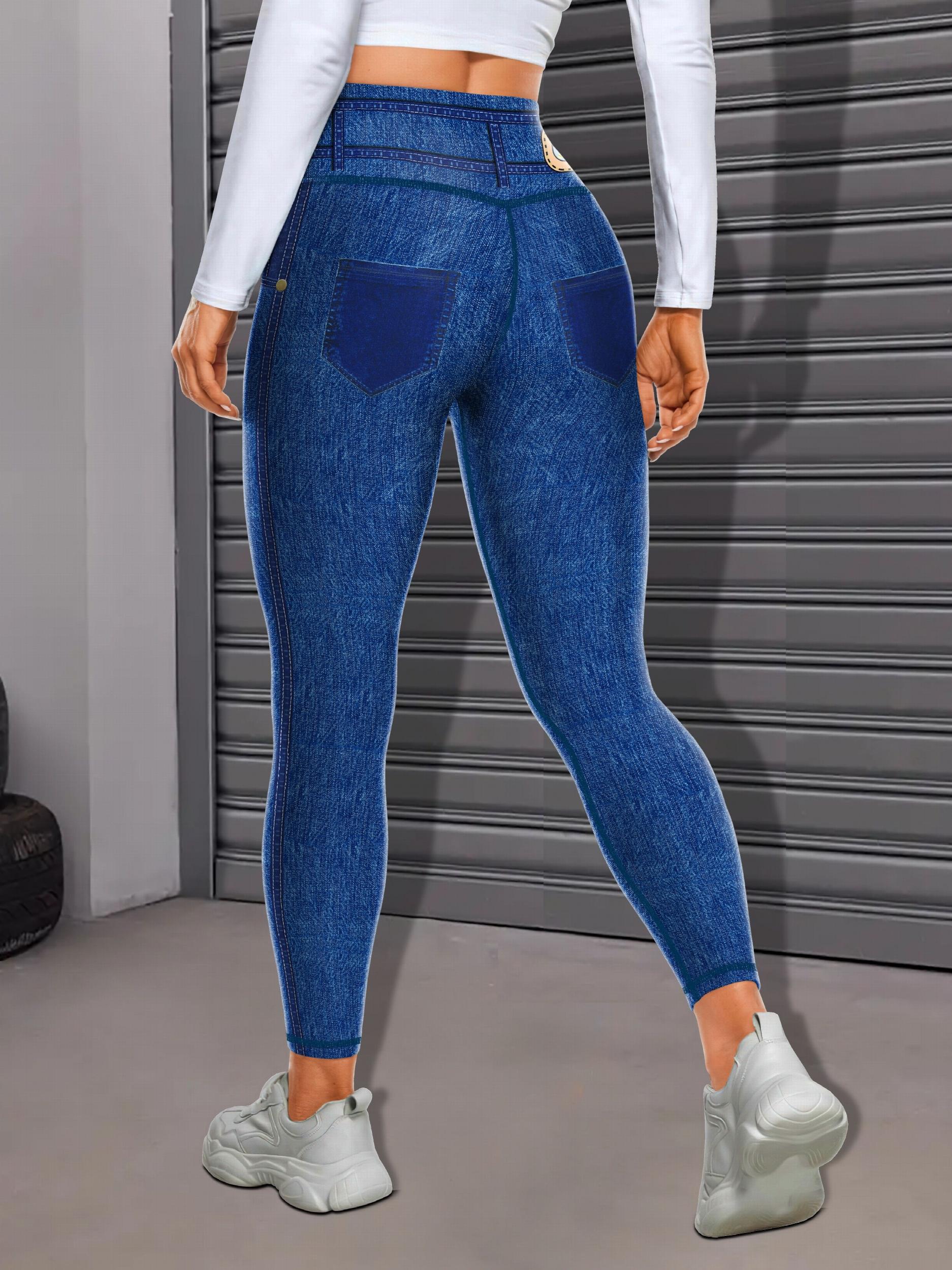 Faux Denim Print Yoga Leggings Tummy Control High Waist Workout Pants Activewear