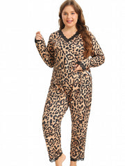 Sexy Pajama Set Leopard Print Lace Trim Top & Pants Two Piece