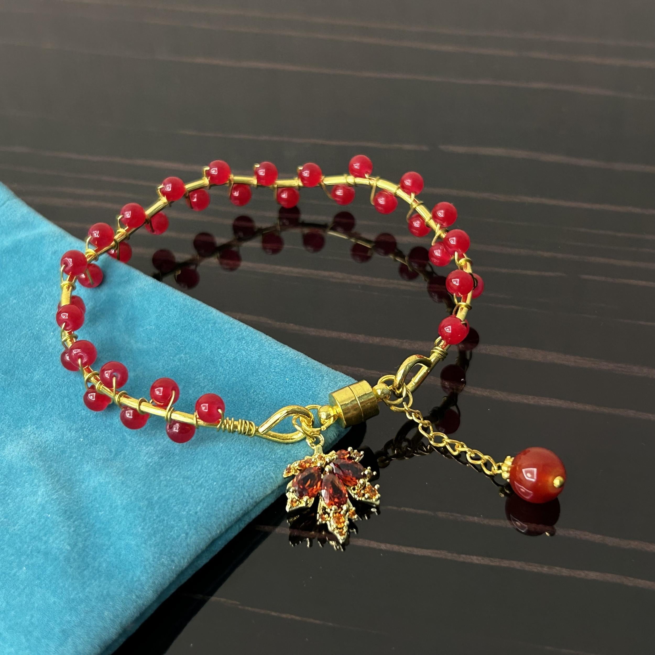Red Bead Maple Leaf Bracelet for Girlfriend - Wedding Party Graduation Gift