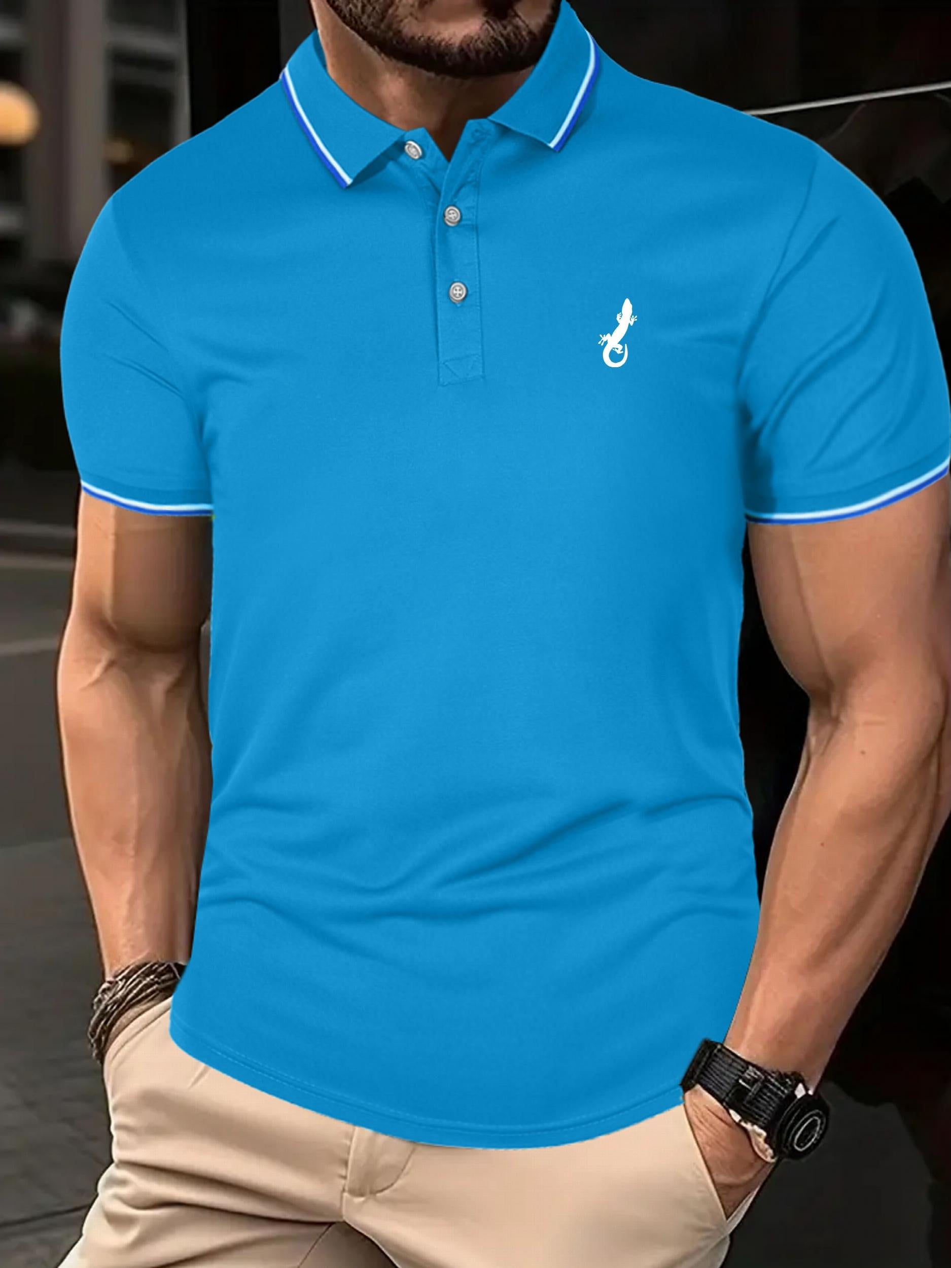 Men's Lizard Polo Shirt Stretch Breathable Button Up Short Sleeve