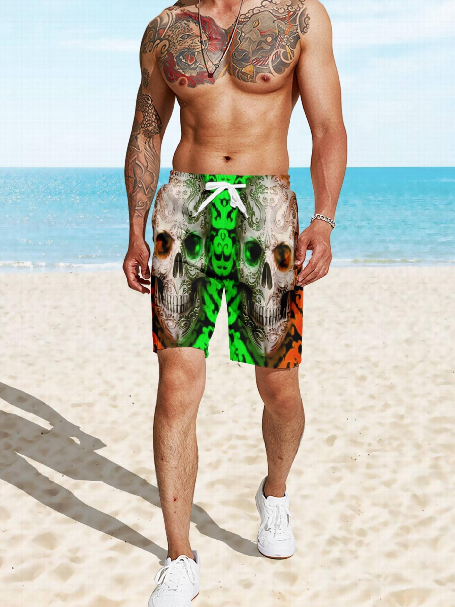 Quick Dry Drawstring Men's Swim Trunks Skulls Print Board Shorts