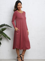 Solid Crew Neck Long Sleeve Midi Dress Women's Clothing