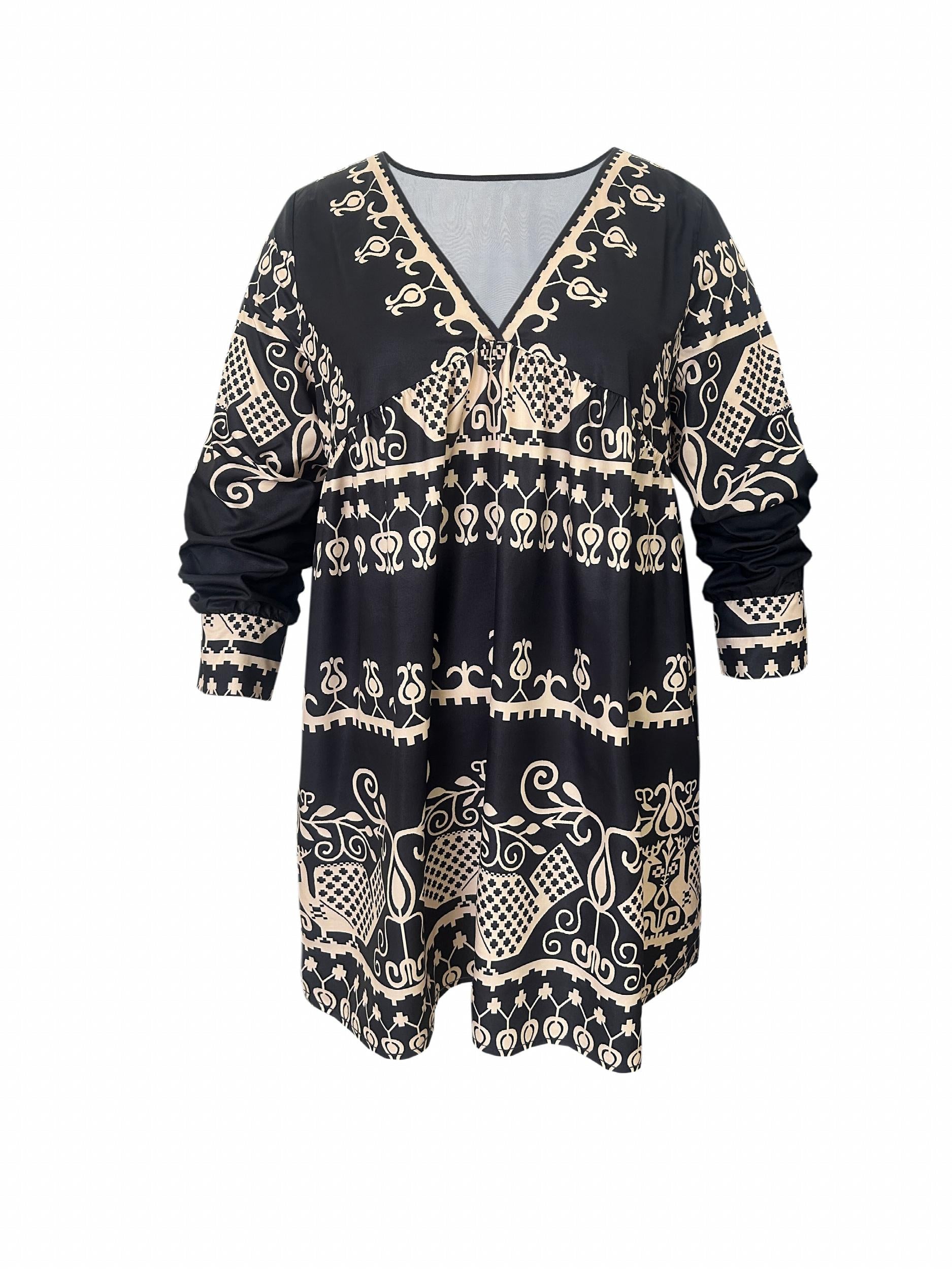 Boho Dress Women's Plus Tribal Print Long Sleeve Deep V Neck Mini