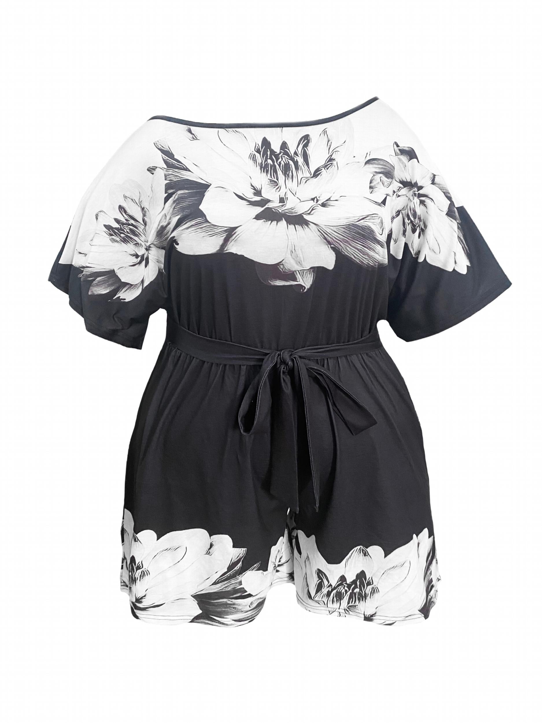 Floral Print One Shoulder Plus Size Romper With Pockets