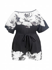 Floral Print One Shoulder Plus Size Romper With Pockets
