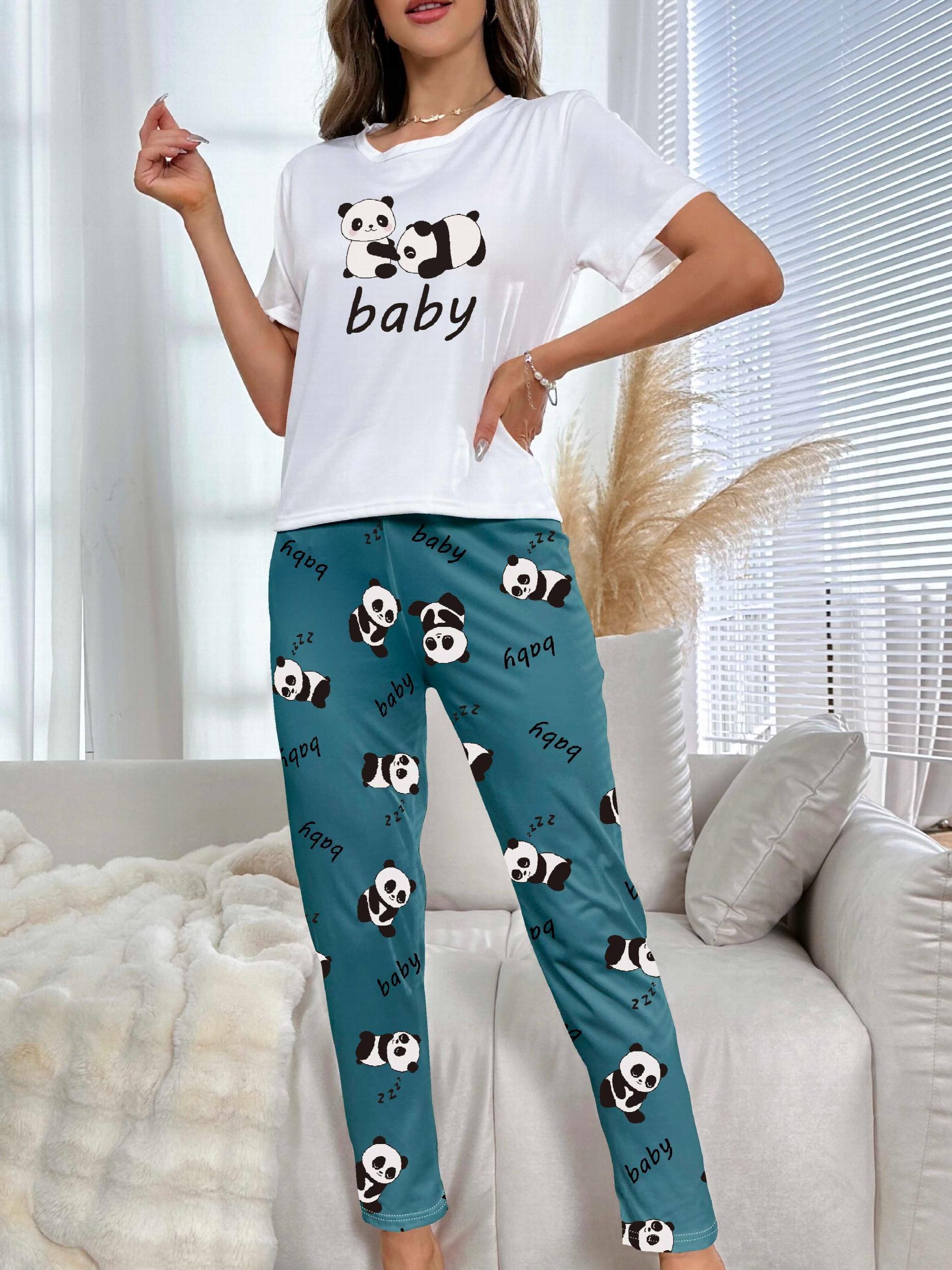 Panda Print Pajama Set Short Sleeve Top & Pants