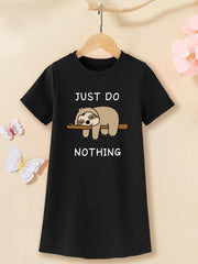 Cartoon Sloth & Letter Graphic T-shirt Dress for Girls