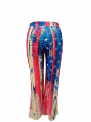 Women's Plus Flag Print Waist Band Low Rise Flare Leg Pants