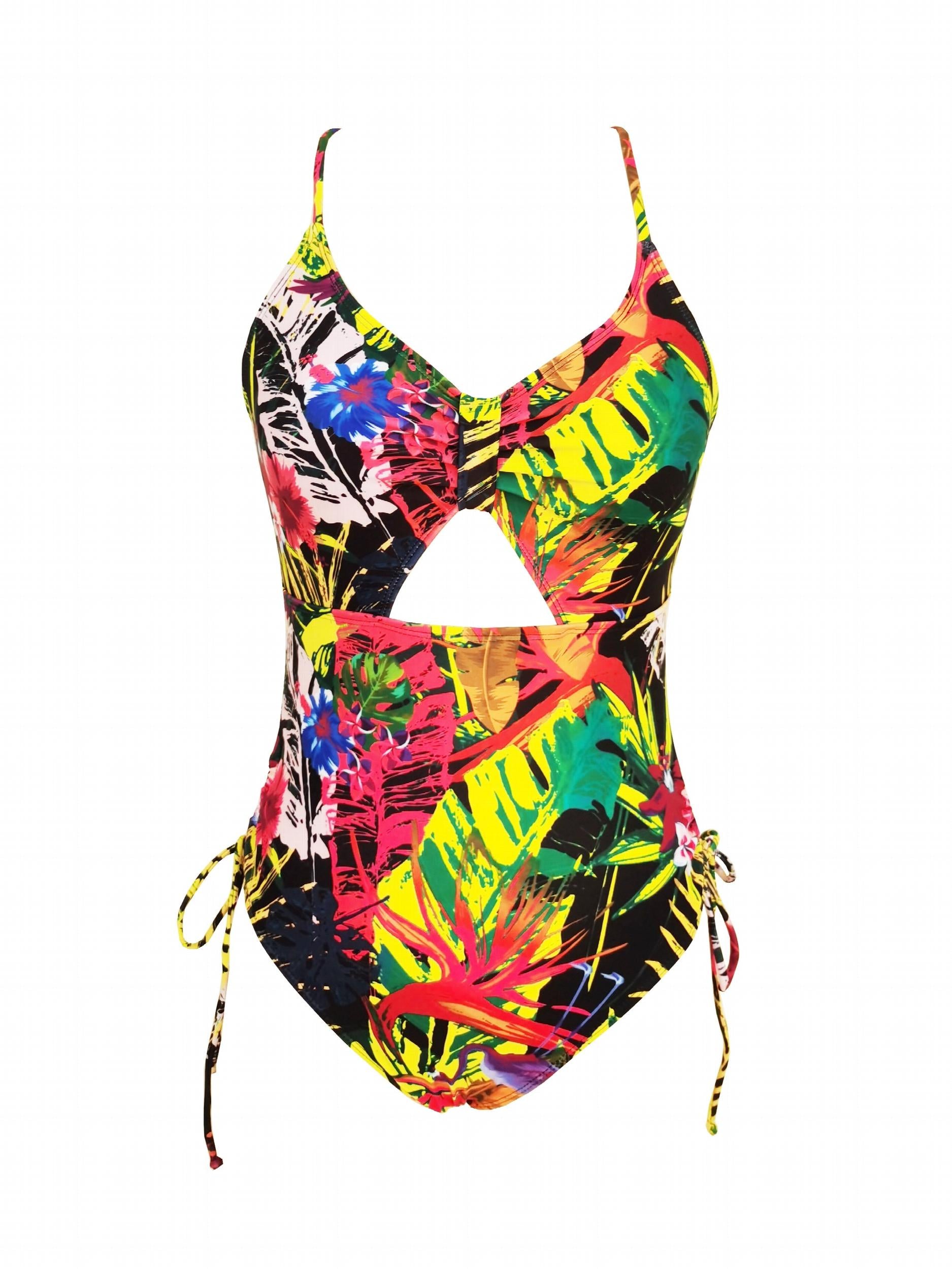 Tropical Leaf Print One Piece Swimsuit V Neck Spaghetti Strap Bathing Suit