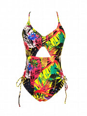 Tropical Leaf Print One Piece Swimsuit V Neck Spaghetti Strap Bathing Suit