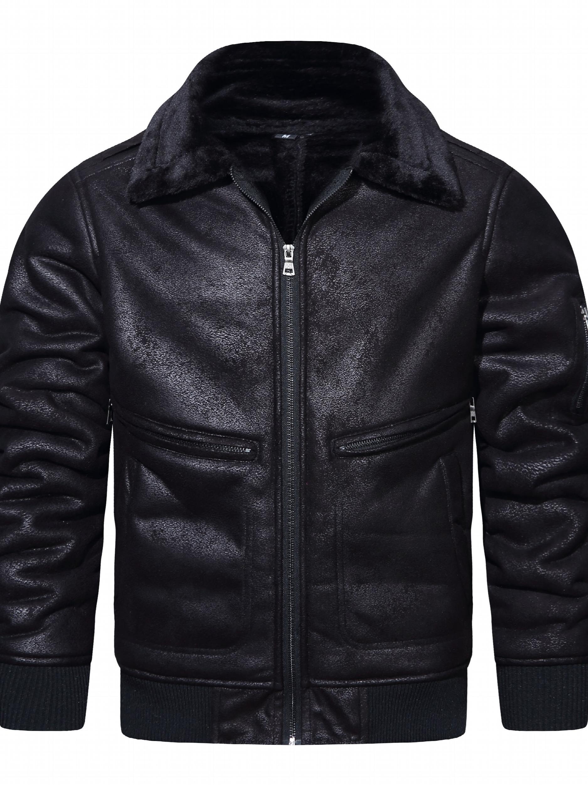 Men's Fleece PU Jacket Zip Up Lapel Leather Jacket Fall Winter