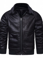Men's Fleece PU Jacket Zip Up Lapel Leather Jacket Fall Winter