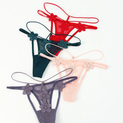 Floral Embroidery Thongs Double Ribbon Mesh Panties