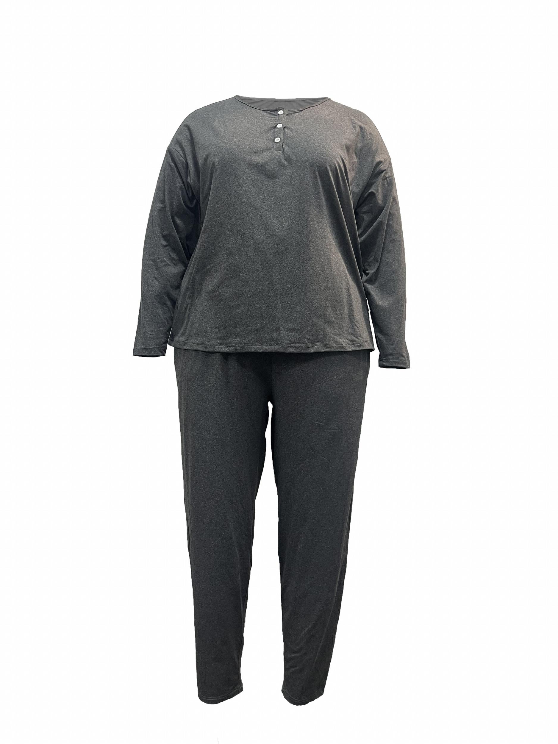 Women's Solid Button Top & Drawstring Pocketed Pants Set
