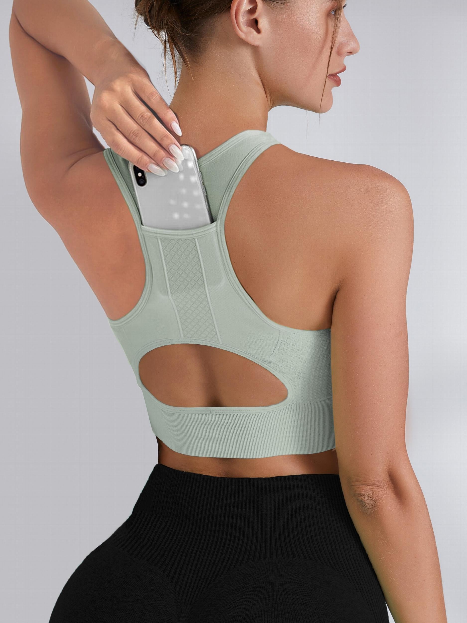 Women's Hollow Out Back Sport Bra With Pocket High Impact Running Yoga Tank Top